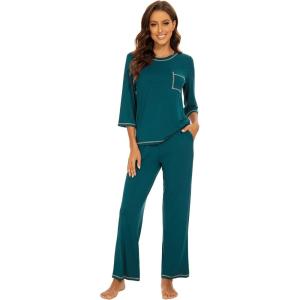image:imageWiWi Viscose Bamboo Pajamas for Women 34 Sleeve Tops and Long Pants Sleepwear Pajama Set Soft Pjs Sets SXXLPeacock Green