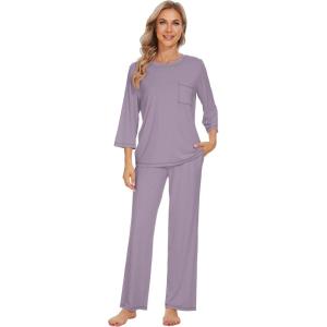 image:imageWiWi Viscose Bamboo Pajamas for Women 34 Sleeve Tops and Long Pants Sleepwear Pajama Set Soft Pjs Sets SXXLViolet