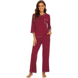 image:imageWiWi Viscose Bamboo Pajamas for Women 34 Sleeve Tops and Long Pants Sleepwear Pajama Set Soft Pjs Sets SXXLWine Red