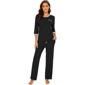 image:imageWiWi Viscose from Bamboo Womens Pajamas Set Super Soft 34 Sleeve Tops and Pants Sleepwear Cooling Pjs with Pockets SXXLBlack