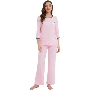 image:imageWiWi Viscose from Bamboo Womens Pajamas Set Super Soft 34 Sleeve Tops and Pants Sleepwear Cooling Pjs with Pockets SXXLPink