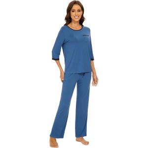 image:imageWiWi Viscose from Bamboo Womens Pajamas Set Super Soft 34 Sleeve Tops and Pants Sleepwear Cooling Pjs with Pockets SXXLPrussian Blue