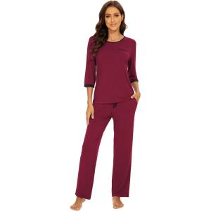 image:imageWiWi Viscose from Bamboo Womens Pajamas Set Super Soft 34 Sleeve Tops and Pants Sleepwear Cooling Pjs with Pockets SXXLWine