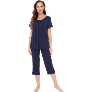 image:imageWiWi Womens Pajamas Sets Bamboo Viscose Short Sleeve Top with Capri Pants Super Soft Lounge Cooling Sleepwear Pjs SXXLAnavy