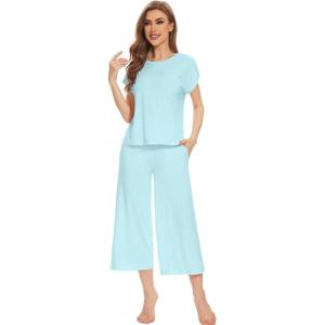 image:imageWiWi Womens Pajamas Sets Bamboo Viscose Short Sleeve Top with Capri Pants Super Soft Lounge Cooling Sleepwear Pjs SXXLBaqua