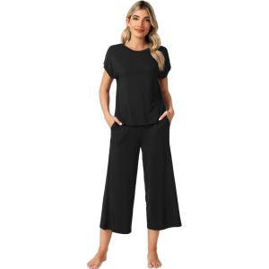 image:imageWiWi Womens Pajamas Sets Bamboo Viscose Short Sleeve Top with Capri Pants Super Soft Lounge Cooling Sleepwear Pjs SXXLBblack