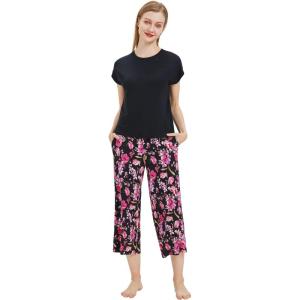 image:imageWiWi Womens Pajamas Sets Bamboo Viscose Short Sleeve Top with Capri Pants Super Soft Lounge Cooling Sleepwear Pjs SXXLBblack Magnolia
