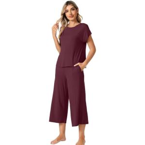 image:imageWiWi Womens Pajamas Sets Bamboo Viscose Short Sleeve Top with Capri Pants Super Soft Lounge Cooling Sleepwear Pjs SXXLBbrownish Red