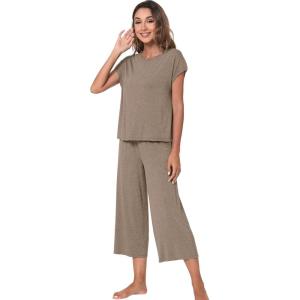 image:imageWiWi Womens Pajamas Sets Bamboo Viscose Short Sleeve Top with Capri Pants Super Soft Lounge Cooling Sleepwear Pjs SXXLBcamel