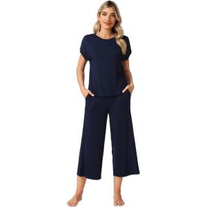 image:imageWiWi Womens Pajamas Sets Bamboo Viscose Short Sleeve Top with Capri Pants Super Soft Lounge Cooling Sleepwear Pjs SXXLBnavy