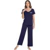 image:imageWiWi Womens Pajama Set Short Sleeve Top and Long Pants with Pockets Rayon Sleepwear Soft V Neck 2 Piece Pajamas SXXLNavy