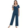 image:imageWiWi Womens Pajama Set Short Sleeve Top and Long Pants with Pockets Rayon Sleepwear Soft V Neck 2 Piece Pajamas SXXLPeacock Blue