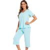 image:imageWiWi Soft Viscose from Bamboo Pajama Set for Women Short Sleeve Top with Capris Pajamas Sets SXXLAqua