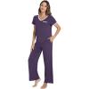 image:imageWiWi Womens Pajama Set Short Sleeve Top and Long Pants with Pockets Rayon Sleepwear Soft V Neck 2 Piece Pajamas SXXLLavender