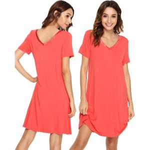 image:imageWiWi Bamboo Viscose Nightgowns for Women Short Sleeve V Neck Sleepwear Super Soft Sleep Dress Cool Plus Size Nightshirt S4XAcoral