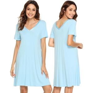 image:imageWiWi Bamboo Viscose Nightgowns for Women Short Sleeve V Neck Sleepwear Super Soft Sleep Dress Cool Plus Size Nightshirt S4XApale Blue