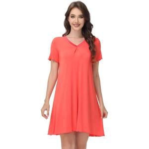 image:imageWiWi Bamboo Viscose Nightgowns for Women Short Sleeve V Neck Sleepwear Super Soft Sleep Dress Cool Plus Size Nightshirt S4XDcoral