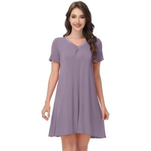 image:imageWiWi Bamboo Viscose Nightgowns for Women Short Sleeve V Neck Sleepwear Super Soft Sleep Dress Cool Plus Size Nightshirt S4XDviolet