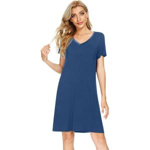 image:imageWiWi Bamboo Viscose Nightgowns for Women Super Soft Short Sleeve V Neck Sleep Dress Cooling Plus Size Lounge Sleepwear S4XDark Blue