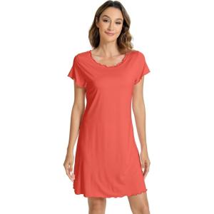 image:imageWiWi Bamboo Viscose Nightgowns for Women Super Soft Short Sleeve V Neck Sleep Dress Cooling Plus Size Lounge Sleepwear S4XDcoral