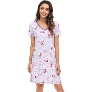 image:imageWiWi Bamboo Viscose Nightgowns for Women Super Soft Short Sleeve V Neck Sleep Dress Cooling Plus Size Lounge Sleepwear S4XGreyPeony