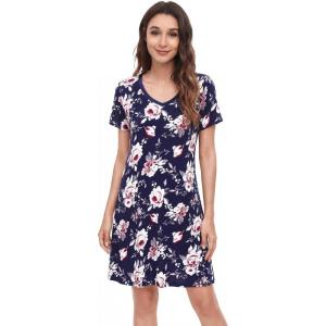 image:imageWiWi Bamboo Viscose Nightgowns for Women Super Soft Short Sleeve V Neck Sleep Dress Cooling Plus Size Lounge Sleepwear S4XNavyPeony