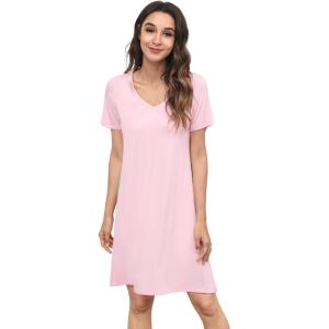 image:imageWiWi Bamboo Viscose Nightgowns for Women Super Soft Short Sleeve V Neck Sleep Dress Cooling Plus Size Lounge Sleepwear S4XPink