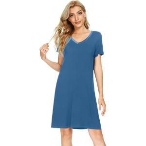 image:imageWiWi Bamboo Viscose Nightgowns for Women Super Soft Short Sleeve V Neck Sleep Dress Cooling Plus Size Lounge Sleepwear S4XPrussian Blue