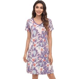 image:imageWiWi Bamboo Viscose Nightgowns for Women Super Soft Short Sleeve V Neck Sleep Dress Cooling Plus Size Lounge Sleepwear S4XPurpleFloral