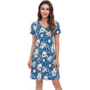 image:imageWiWi Bamboo Viscose Nightgowns for Women Super Soft Short Sleeve V Neck Sleep Dress Cooling Plus Size Lounge Sleepwear S4XTeal BluePeony