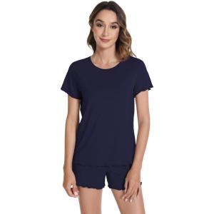 image:imageWiWi Bamboo Viscose Womens Pajama Sets Tshirt amp Sleep Shorts Loungewear Set Soft 2 Piece Pjs Summer Cooling Sleepwear SXXLNavy
