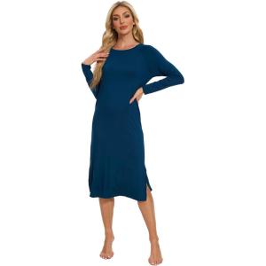 image:imageWiWi Long Sleeve Bamboo Viscose Nightgowns for Women Soft Cooling Sleep Night Dress Shirts for Women Sleepwear SXXLAink Blue