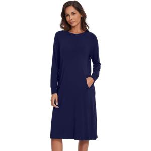 image:imageWiWi Long Sleeve Bamboo Viscose Nightgowns for Women Soft Cooling Sleep Night Dress Shirts for Women Sleepwear SXXLBnavy