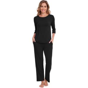 image:imageWiWi Pajamas Set for Women 34 Sleeve Top and Pants Viscose from Bamboo Lounge Set Soft Sleepwear Pjs with Pockets SXXLBlack