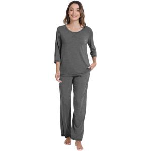 image:imageWiWi Pajamas Set for Women 34 Sleeve Top and Pants Viscose from Bamboo Lounge Set Soft Sleepwear Pjs with Pockets SXXLDark Heather Grey
