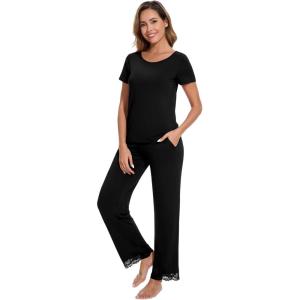 image:imageWiWi Pajamas Set for Women Soft Comfy Loungewear Short Sleeve Tops and Long Pants Viscose from Bamboo Sleepwear Pjs SXXLBlack