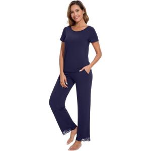 image:imageWiWi Pajamas Set for Women Soft Comfy Loungewear Short Sleeve Tops and Long Pants Viscose from Bamboo Sleepwear Pjs SXXLNavy