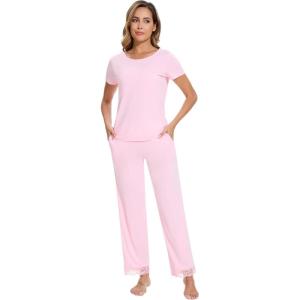 image:imageWiWi Pajamas Set for Women Soft Comfy Loungewear Short Sleeve Tops and Long Pants Viscose from Bamboo Sleepwear Pjs SXXLPink