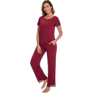 image:imageWiWi Pajamas Set for Women Soft Comfy Loungewear Short Sleeve Tops and Long Pants Viscose from Bamboo Sleepwear Pjs SXXLWine