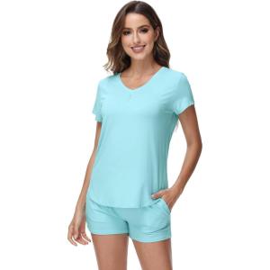 image:imageWiWi Pajamas for Women Bamboo Viscose Vneck Pajama Sets Soft Short Sleeve Nightwear with Pockets SXXLAqua