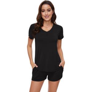image:imageWiWi Pajamas for Women Bamboo Viscose Vneck Pajama Sets Soft Short Sleeve Nightwear with Pockets SXXLBlack