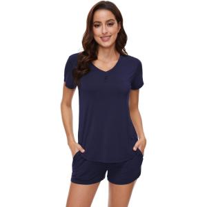 image:imageWiWi Pajamas for Women Bamboo Viscose Vneck Pajama Sets Soft Short Sleeve Nightwear with Pockets SXXLNavy