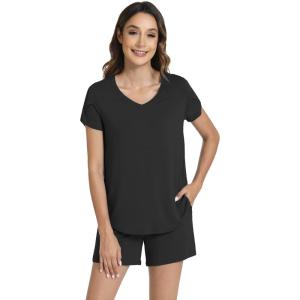 image:imageWiWi Pajamas for Women Short Sleeve Top and Shorts Sets Viscose from Bamboo Pj Sleepwear Pajama Set SXXLBlack