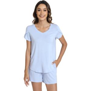 image:imageWiWi Pajamas for Women Short Sleeve Top and Shorts Sets Viscose from Bamboo Pj Sleepwear Pajama Set SXXLLight Blue