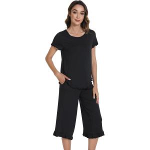 image:imageWiWi Pajamas for Women Viscose from Bamboo Short Sleeve Top and Capri Pants Pajama Set Soft Lounge Pj Sets Nightwear SXXLBlack