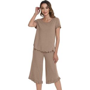 image:imageWiWi Pajamas for Women Viscose from Bamboo Short Sleeve Top and Capri Pants Pajama Set Soft Lounge Pj Sets Nightwear SXXLCamel