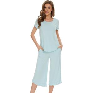 image:imageWiWi Pajamas for Women Viscose from Bamboo Short Sleeve Top and Capri Pants Pajama Set Soft Lounge Pj Sets Nightwear SXXLMist Green