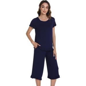 image:imageWiWi Pajamas for Women Viscose from Bamboo Short Sleeve Top and Capri Pants Pajama Set Soft Lounge Pj Sets Nightwear SXXLNavy