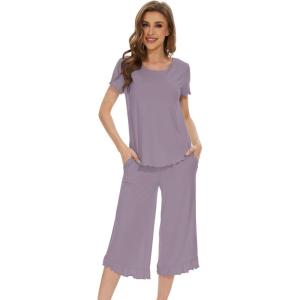 image:imageWiWi Pajamas for Women Viscose from Bamboo Short Sleeve Top and Capri Pants Pajama Set Soft Lounge Pj Sets Nightwear SXXLViolet