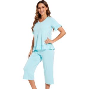 image:imageWiWi Soft Viscose from Bamboo Pajama Set for Women Short Sleeve Top with Capris Pajamas Sets SXXLAqua